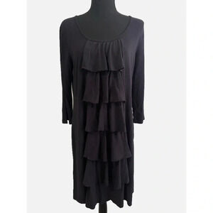 Garnet Hill Tiered Ruffle Knit Dress Size Medium Black Midi Rayon Cotton Stretch